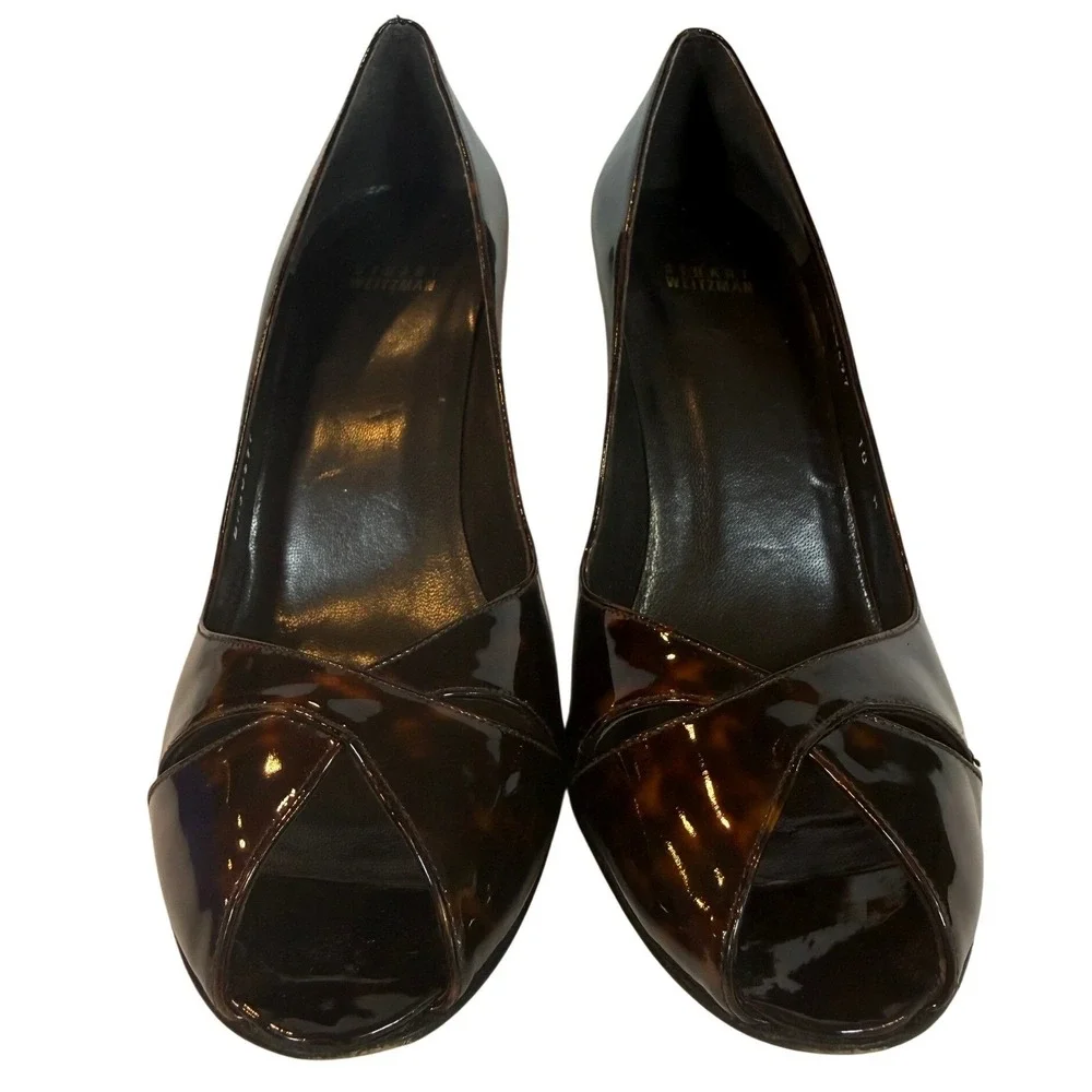 Stuart Weitzman Tortoise Patent Leather Peep Toe Stiletto Pumps Brown 10